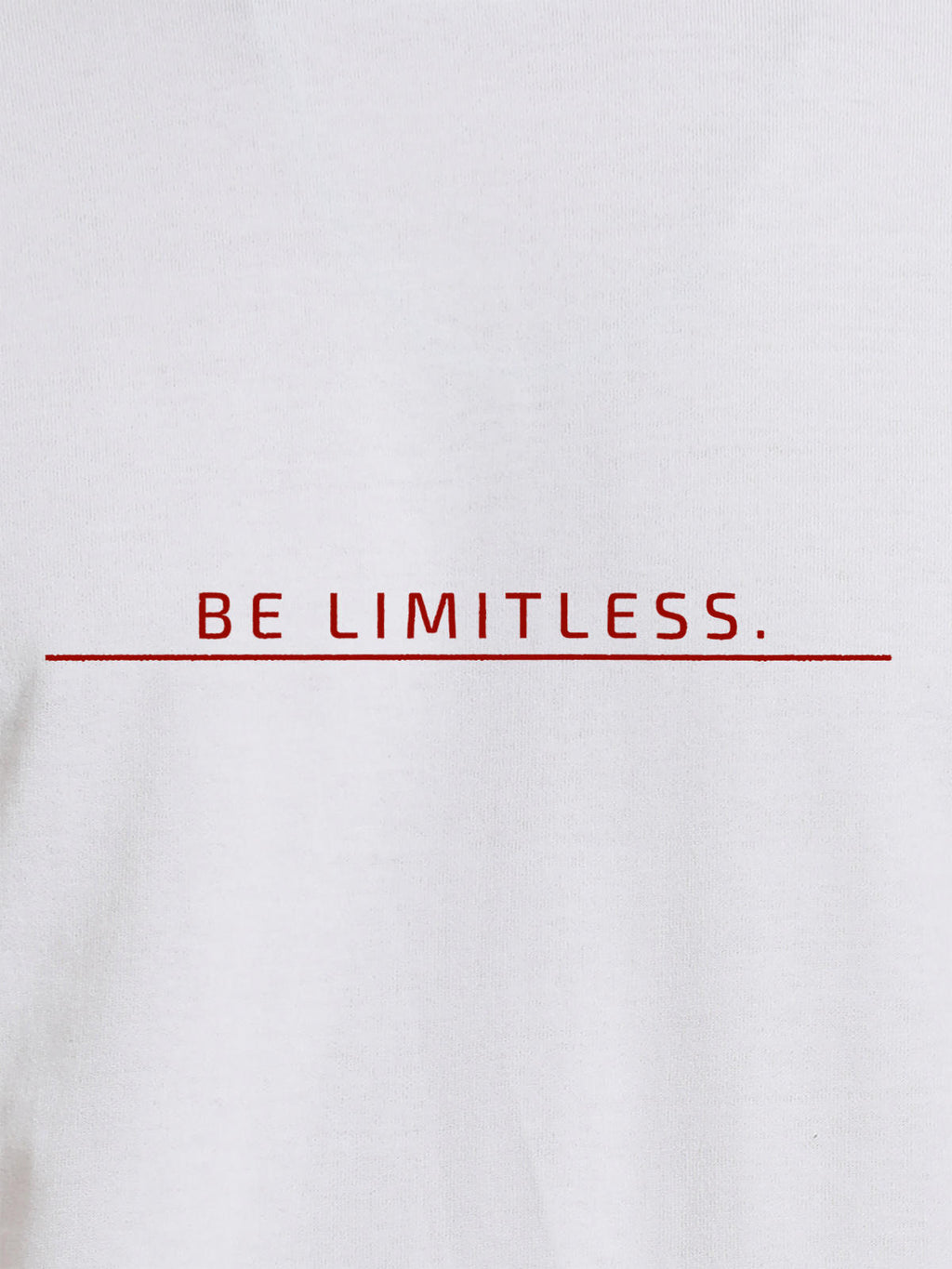 Close up of 'Be Limitless' design on Women's White Round Neck T-shirt, highlighting intricate details and vibrant print.