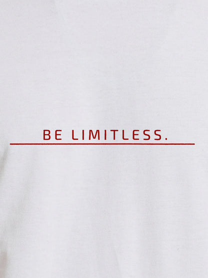 Close up of 'Be Limitless' design on Women's White Round Neck T-shirt, highlighting intricate details and vibrant print.