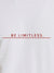 Close up of 'Be Limitless' design on Women's White Round Neck T-shirt, highlighting intricate details and vibrant print.