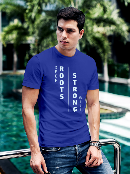 Fighterhero T-shirts: Model wearing Men's Blue Round Neck T-shirt with 'Deep Roots Strong Will' design