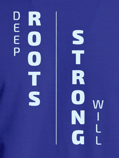Close up of 'Deep Roots Strong Will' design on Men's Blue Round Neck T-shirt, highlighting intricate details and vibrant print.