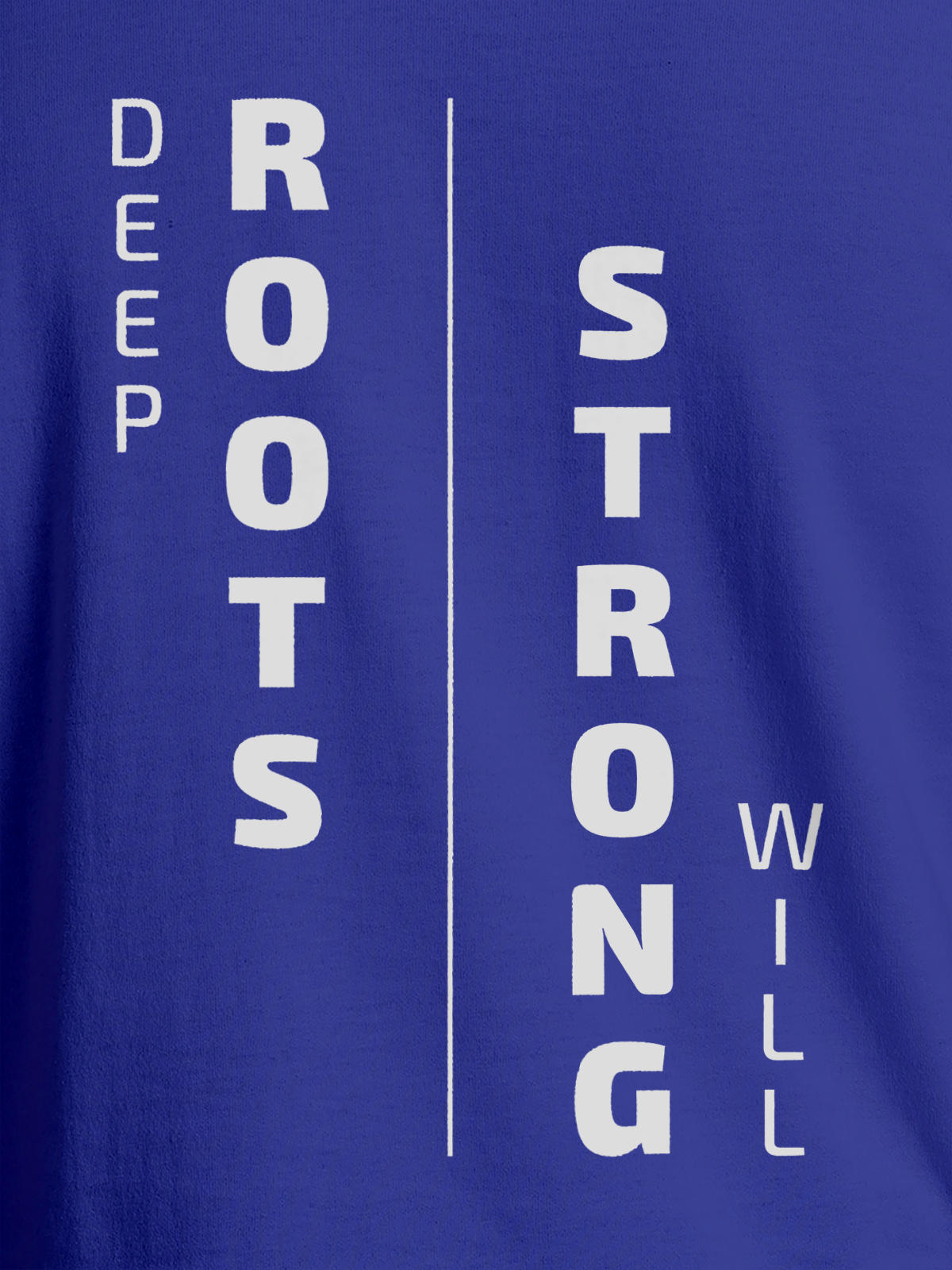 Close up of 'Deep Roots Strong Will' design on Women's Blue Round Neck T-shirt, highlighting intricate details and vibrant print.