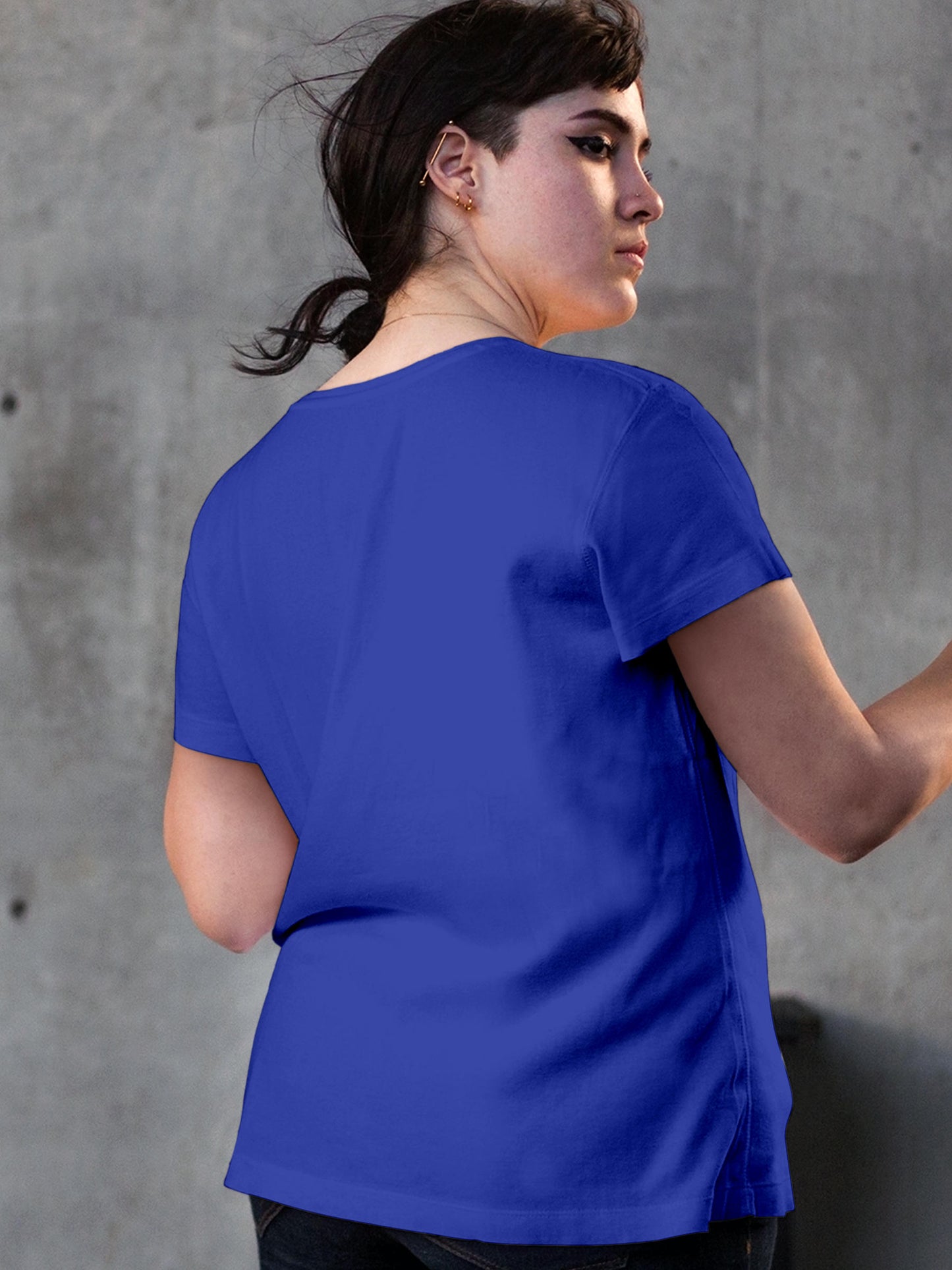 Back view of Fighterhero Women's Blue Round Neck T-shirt, highlighting the modern look and clean finish