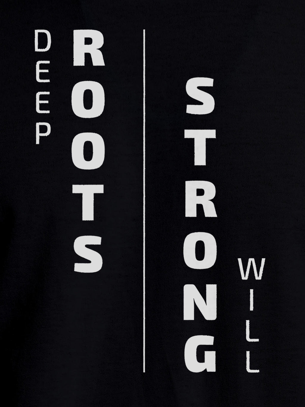 Close up of 'Deep Roots Strong Will' design on Men's Black Round Neck T-shirt, highlighting intricate details and vibrant print.