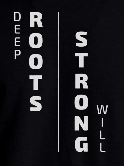 Close up of 'Deep Roots Strong Will' design on Men's Black Round Neck T-shirt, highlighting intricate details and vibrant print.