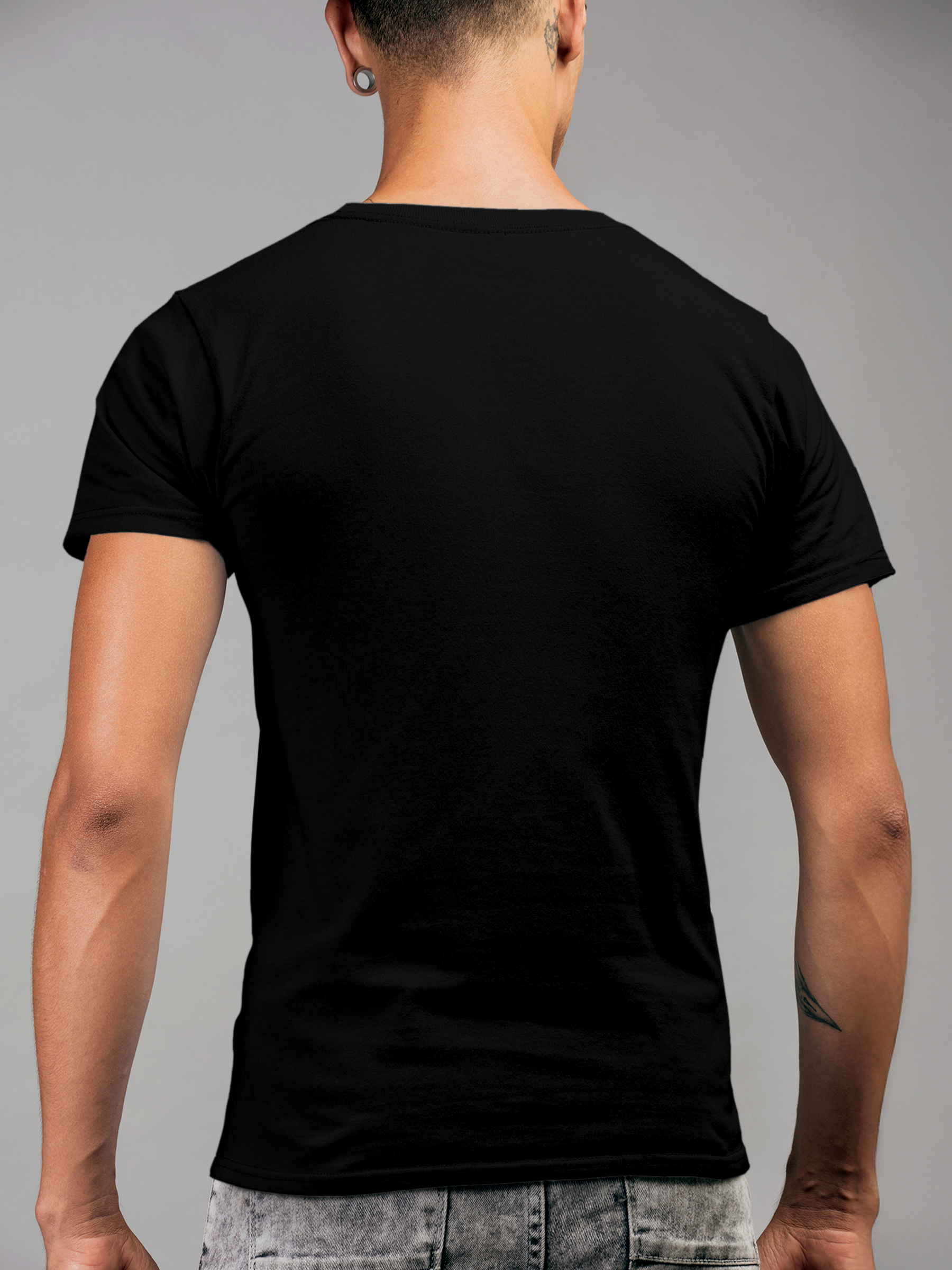 Back view of Fighterhero Men's Black Round Neck T-shirt, highlighting the modern look and clean finish