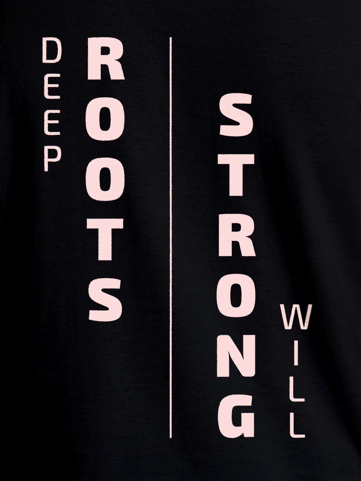 Close up of 'Deep Roots Strong Will' design on Women's Black Round Neck T-shirt, highlighting intricate details and vibrant print.