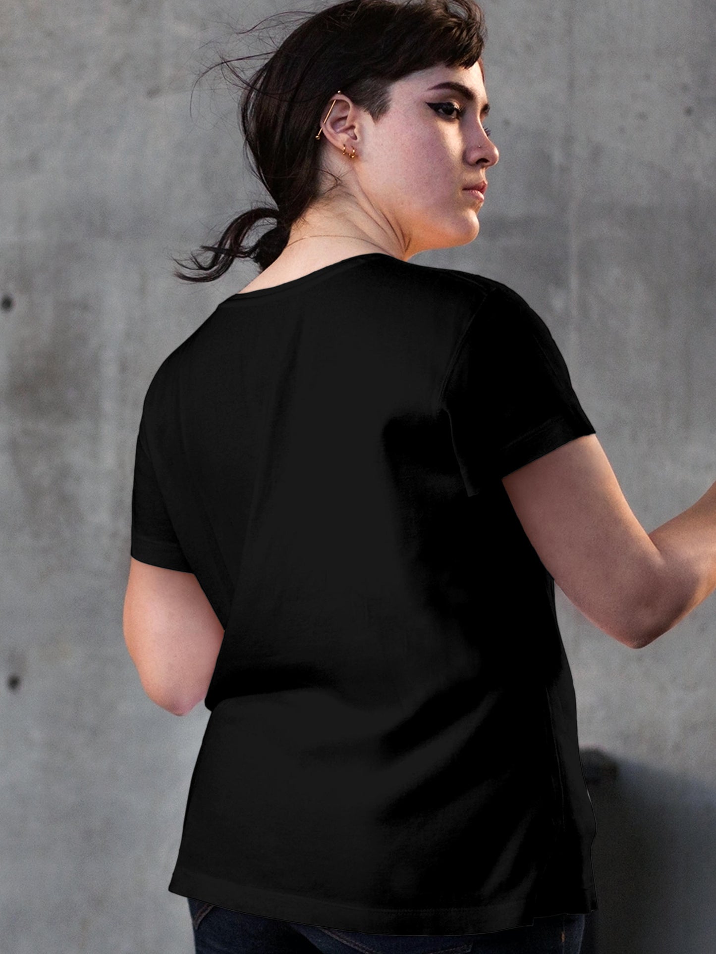 Back view of Fighterhero Women's Black Round Neck T-shirt, highlighting the modern look and clean finish