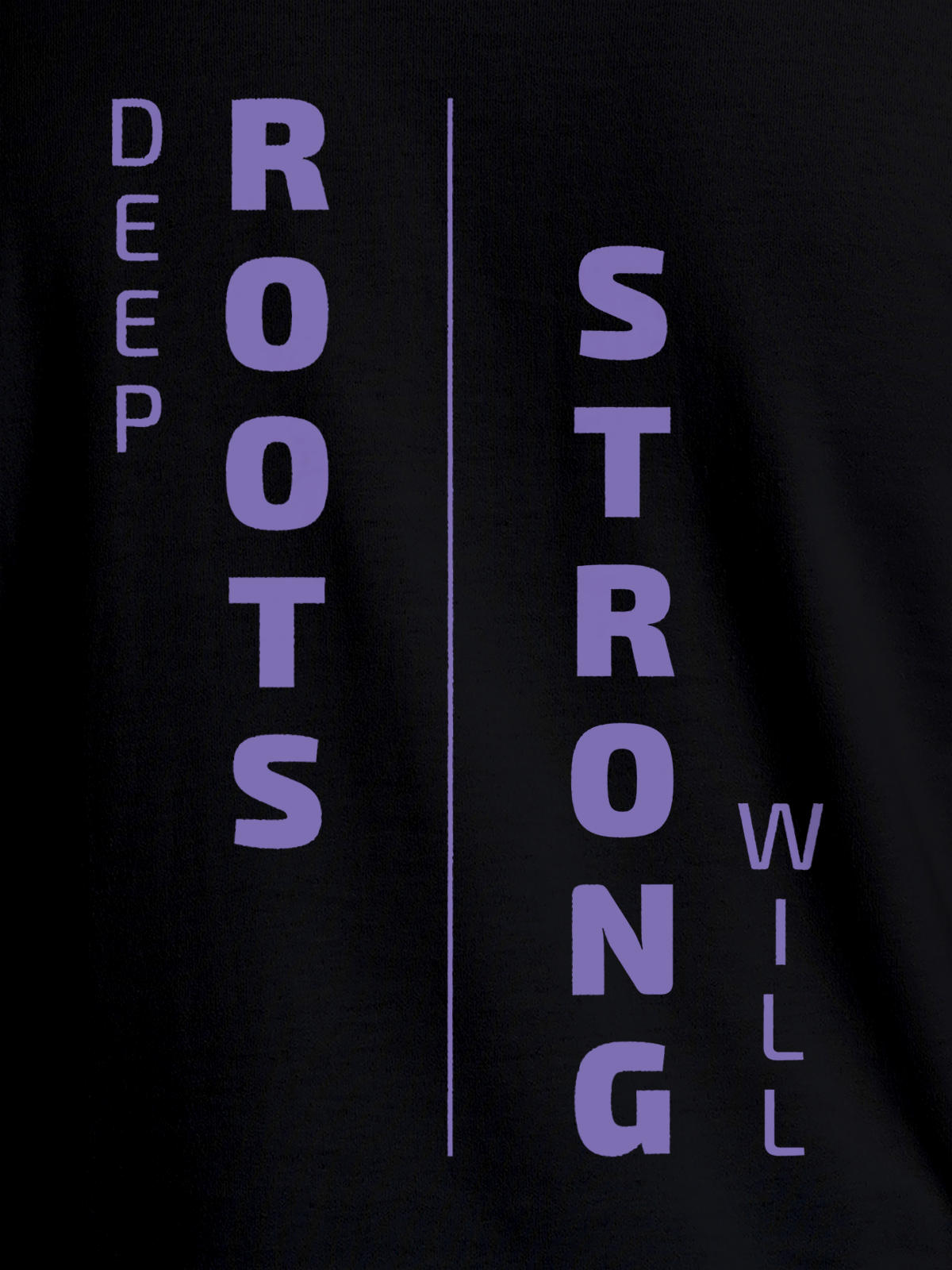 Close up of 'Deep Roots Strong Will' design on Women's Black Round Neck T-shirt, highlighting intricate details and vibrant print.