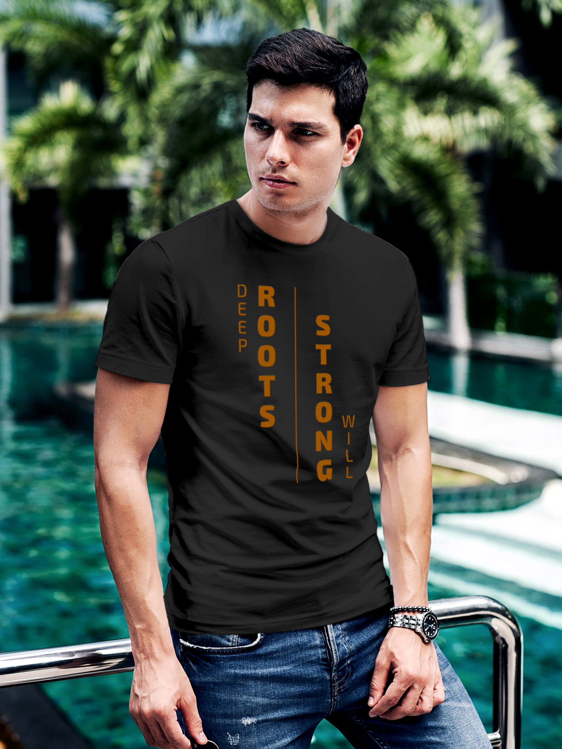 Fighterhero T-shirts: Model wearing Men's Dark Grey Round Neck T-shirt with 'Deep Roots Strong Will' design