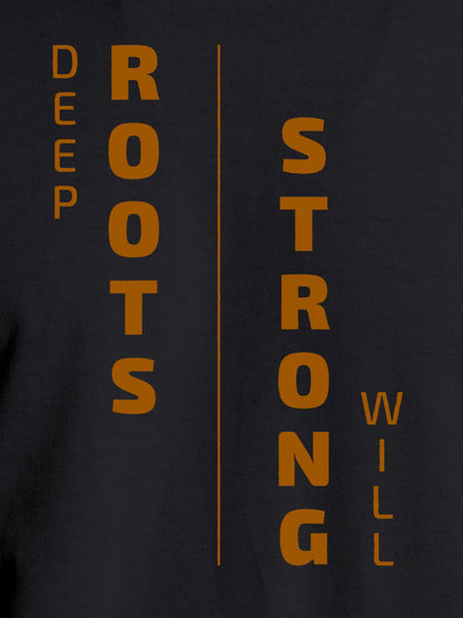Close up of 'Deep Roots Strong Will' design on Men's Dark Grey Round Neck T-shirt, highlighting intricate details and vibrant print.