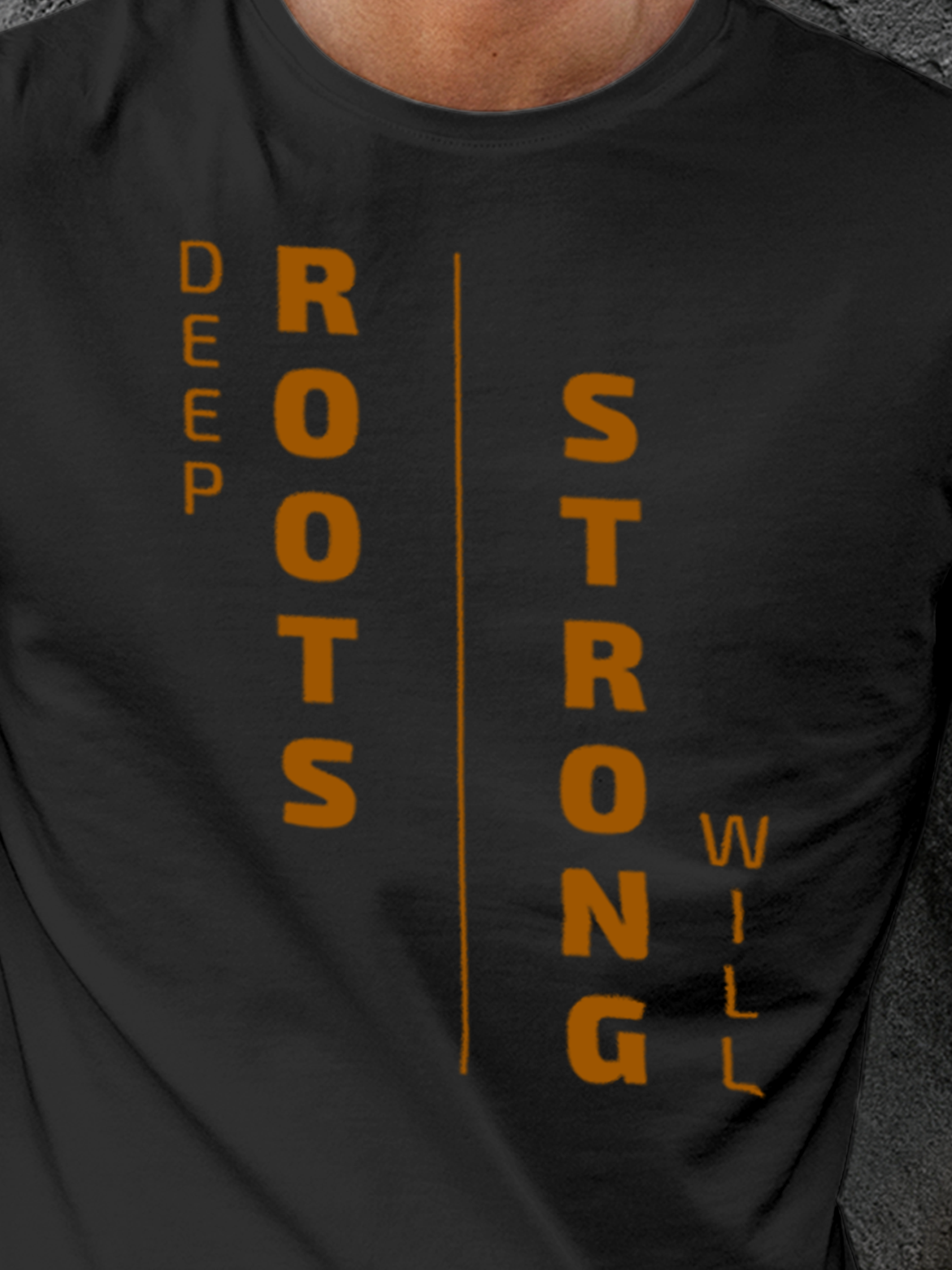 Close up of 'Deep Roots Strong Will' design on Men's Dark Grey Round Neck T-shirt, highlighting intricate details and vibrant print.