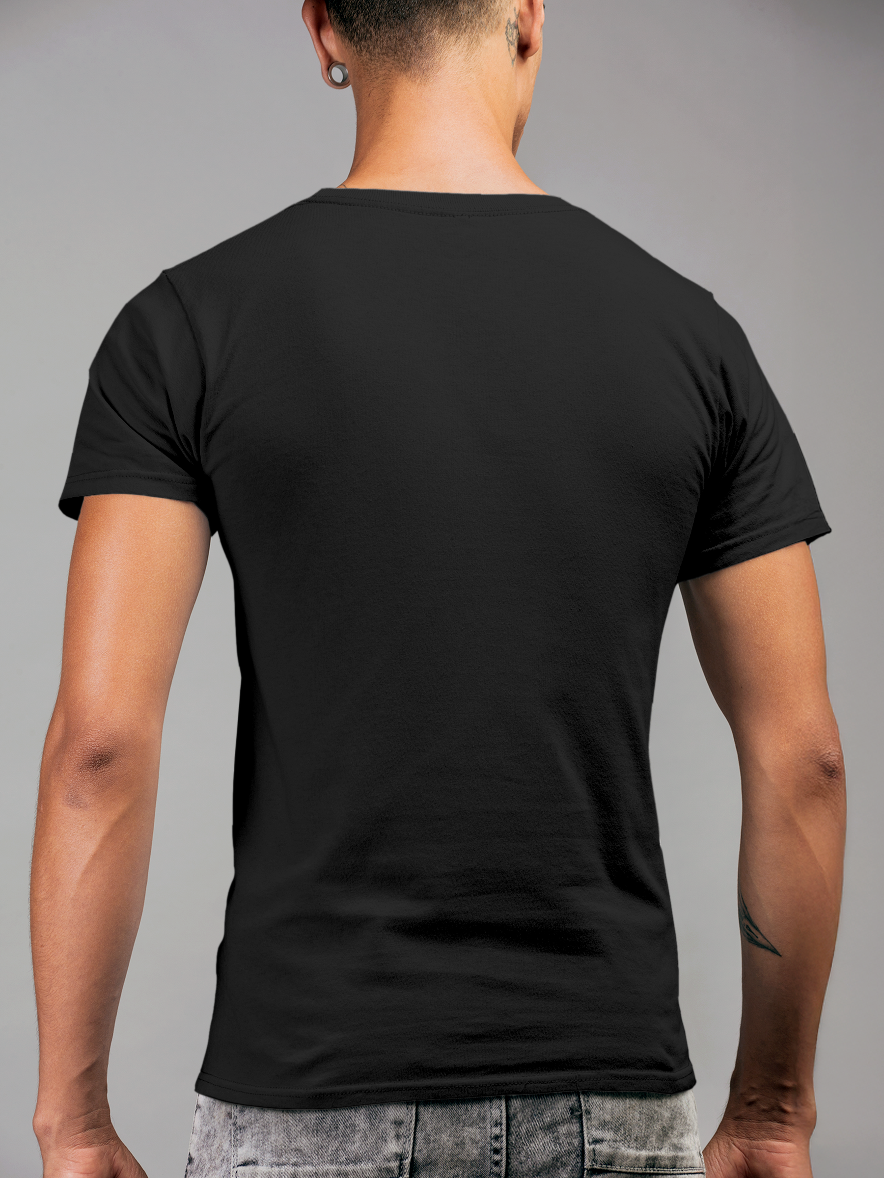 Back view of Fighterhero Men's Dark Grey Round Neck T-shirt, highlighting the modern look and clean finish