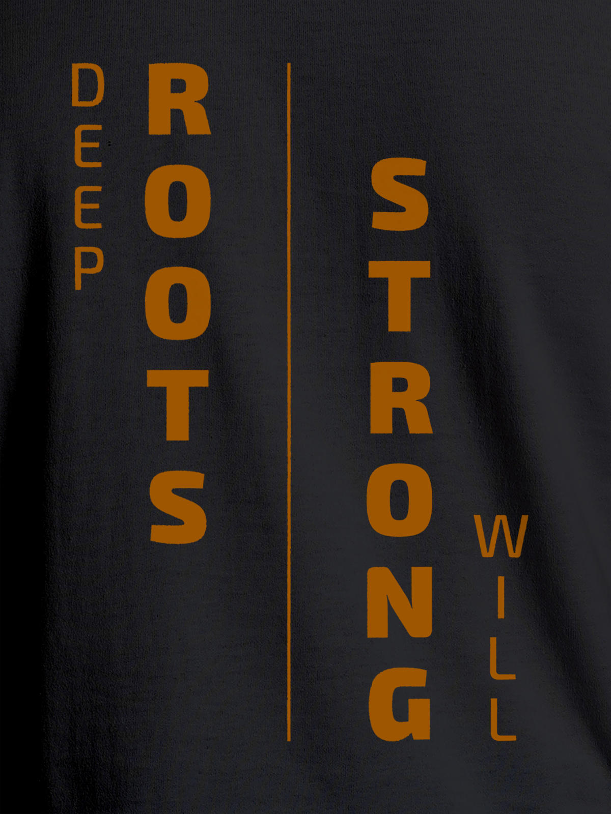 Close up of 'Deep Roots Strong Will' design on Women's Dark Grey Round Neck T-shirt, highlighting intricate details and vibrant print.