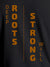 Close up of 'Deep Roots Strong Will' design on Women's Dark Grey Round Neck T-shirt, highlighting intricate details and vibrant print.