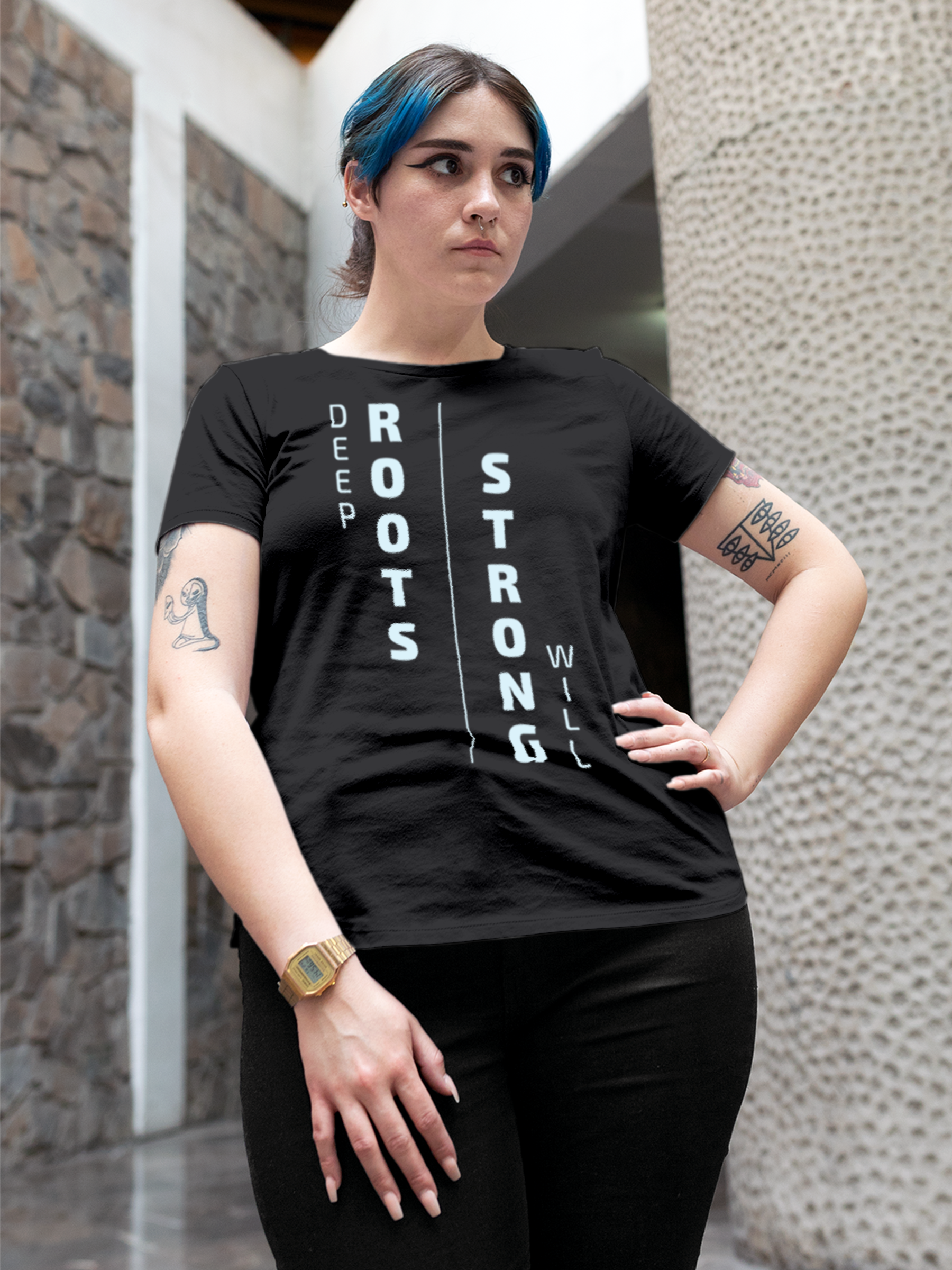 Model wearing Women's Dark Grey Round Neck T-shirt with 'Deep Roots Strong Will' design, offering effortless style and premium comfort