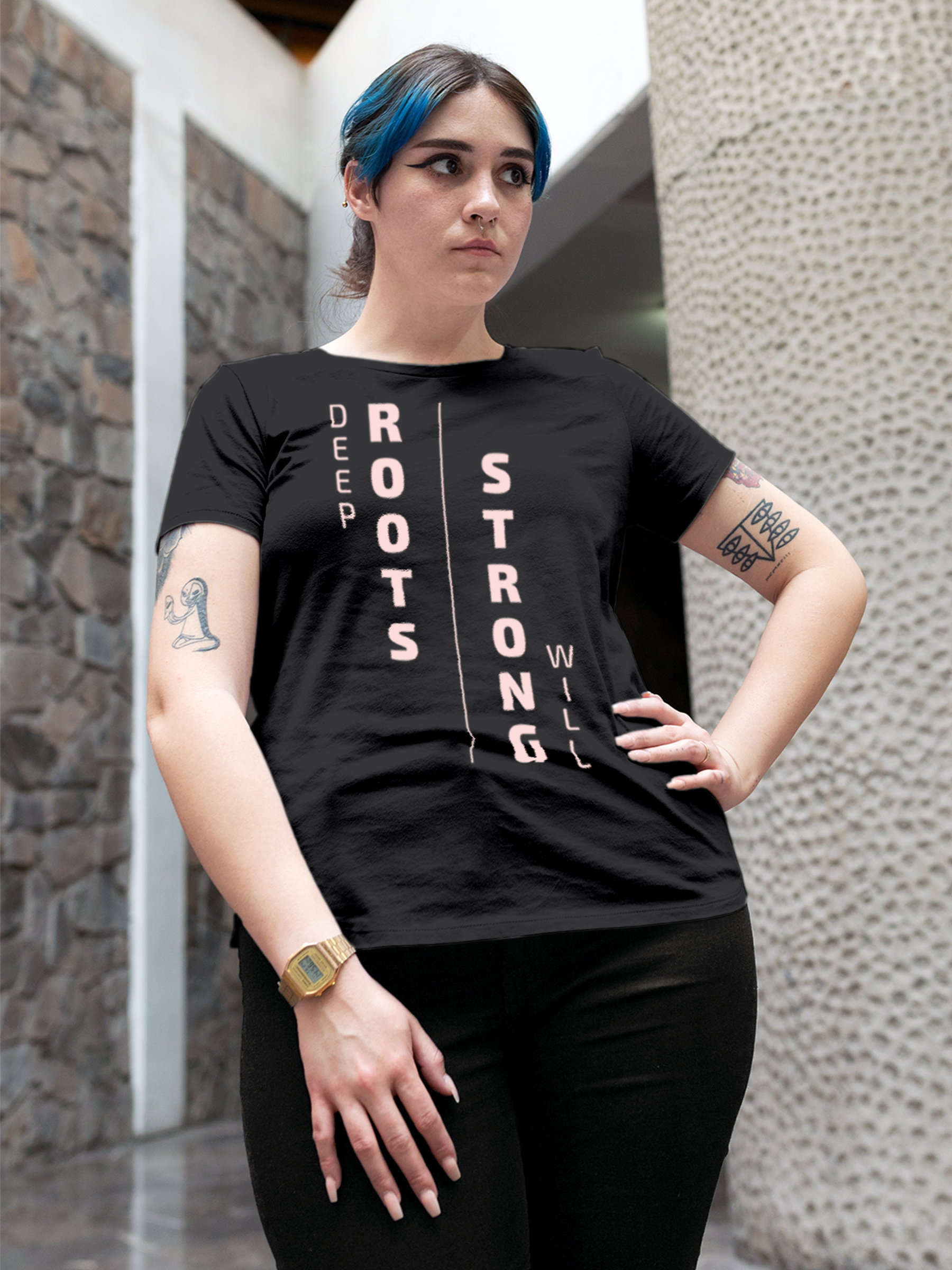 Model wearing Women's Dark Grey Round Neck T-shirt with 'Deep Roots Strong Will' design, offering effortless style and premium comfort