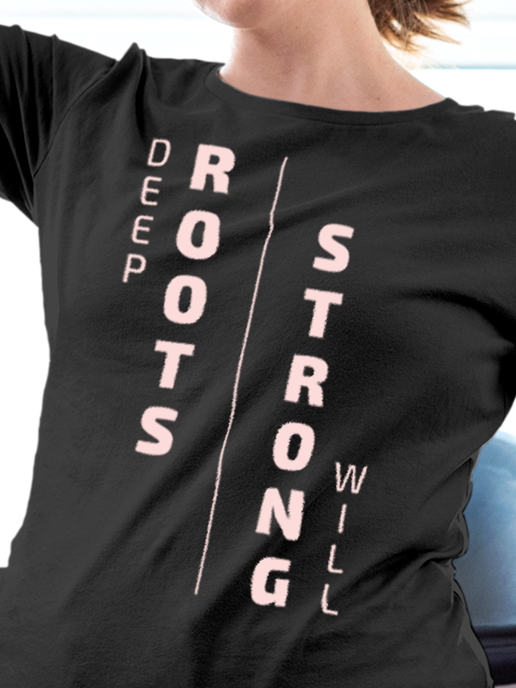 Close up of 'Deep Roots Strong Will' design on Women's Dark Grey Round Neck T-shirt, highlighting intricate details and vibrant print.