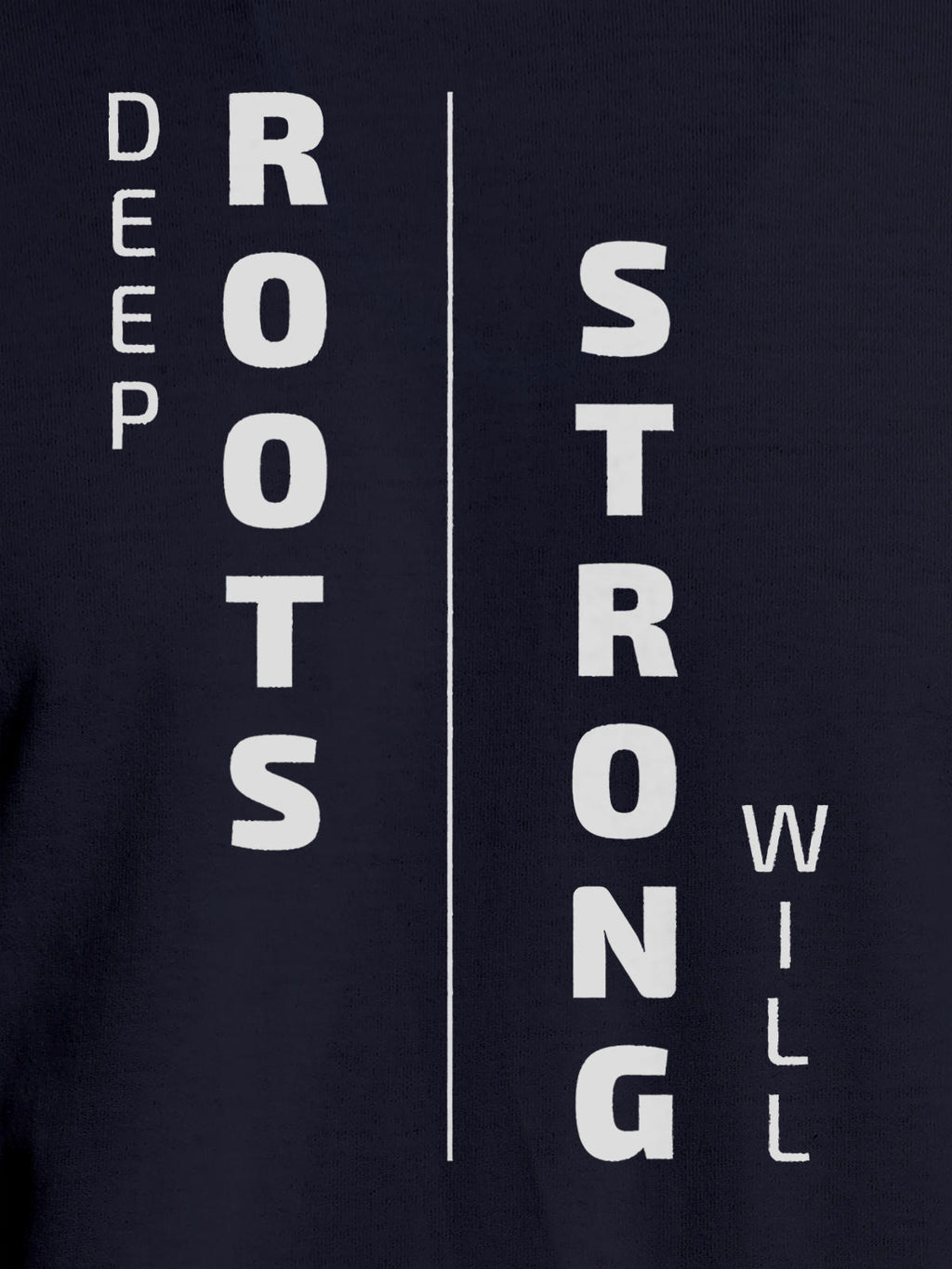 Close up of 'Deep Roots Strong Will' design on Men's Navy Blue Round Neck T-shirt, highlighting intricate details and vibrant print.