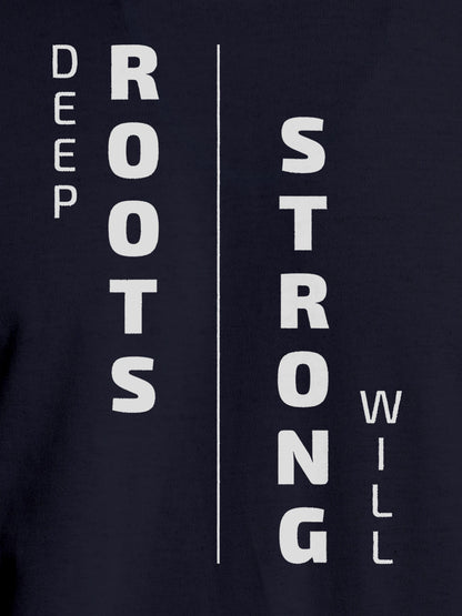 Close up of 'Deep Roots Strong Will' design on Men's Navy Blue Round Neck T-shirt, highlighting intricate details and vibrant print.