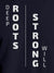 Close up of 'Deep Roots Strong Will' design on Men's Navy Blue Round Neck T-shirt, highlighting intricate details and vibrant print.