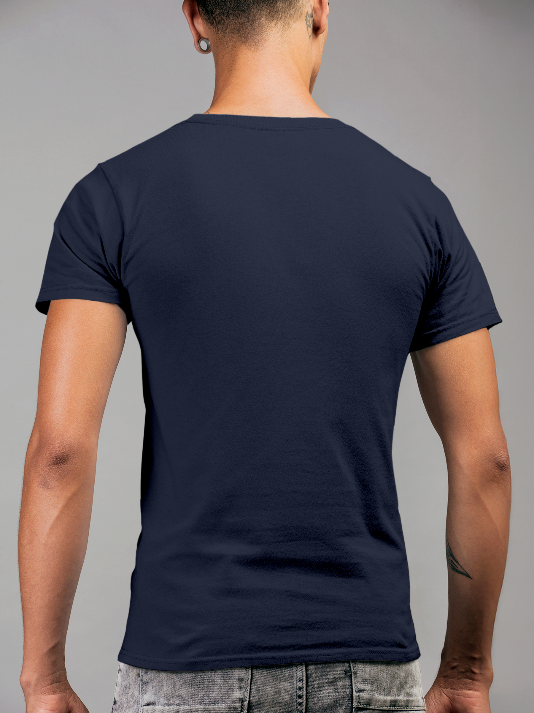 Back view of Fighterhero Men's Navy Blue Round Neck T-shirt, highlighting the modern look and clean finish