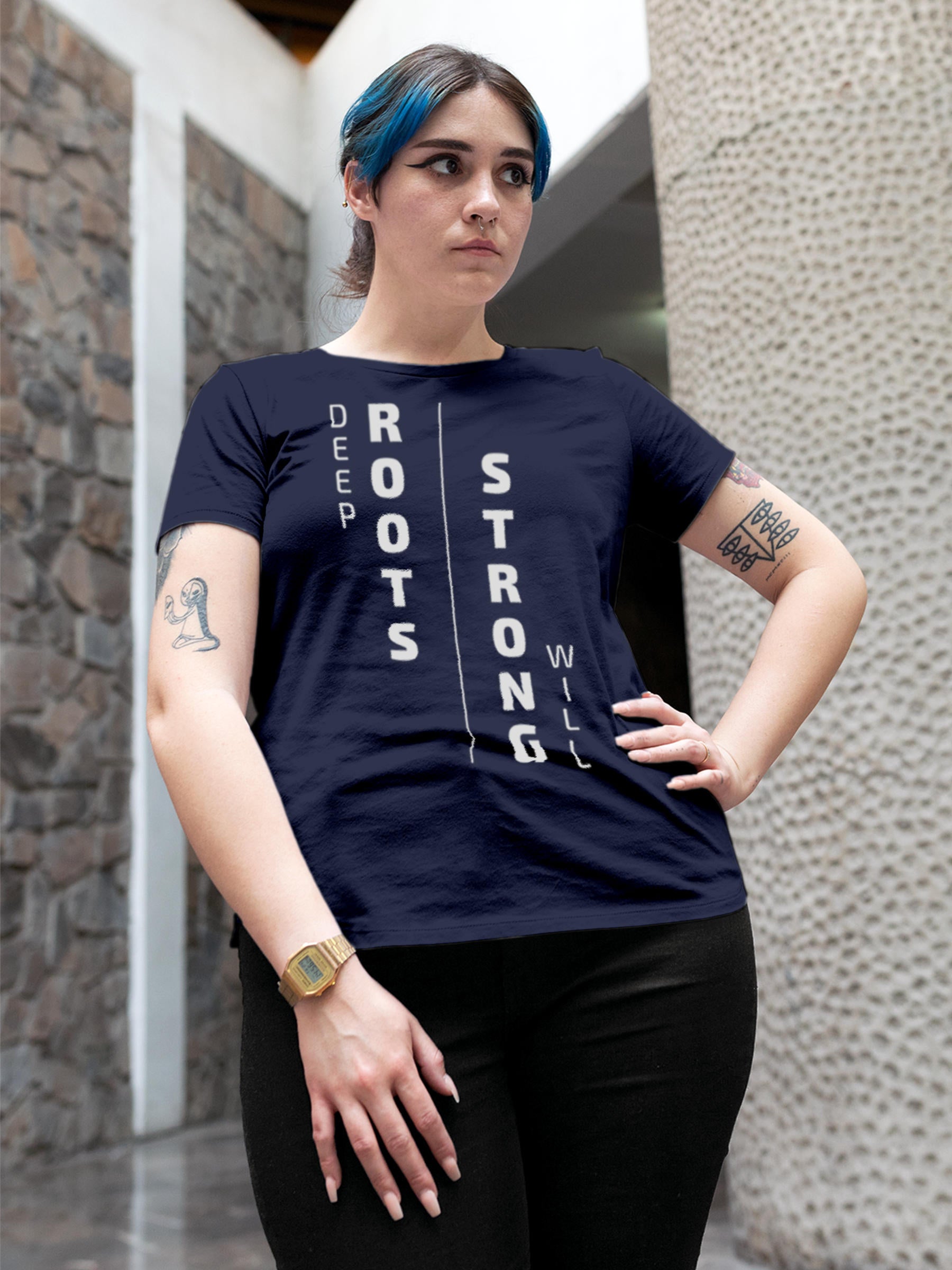 Model wearing Women's Navy Blue Round Neck T-shirt with 'Deep Roots Strong Will' design, offering effortless style and premium comfort