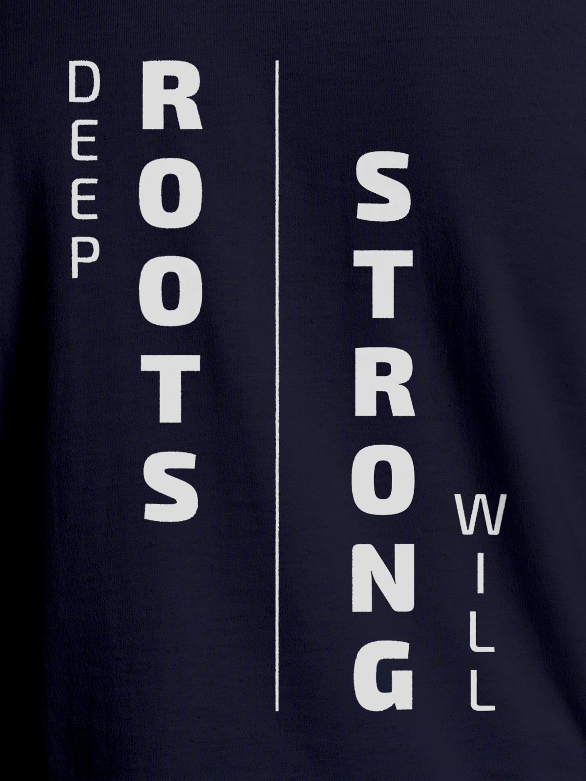 Close up of 'Deep Roots Strong Will' design on Women's Navy Blue Round Neck T-shirt, highlighting intricate details and vibrant print.