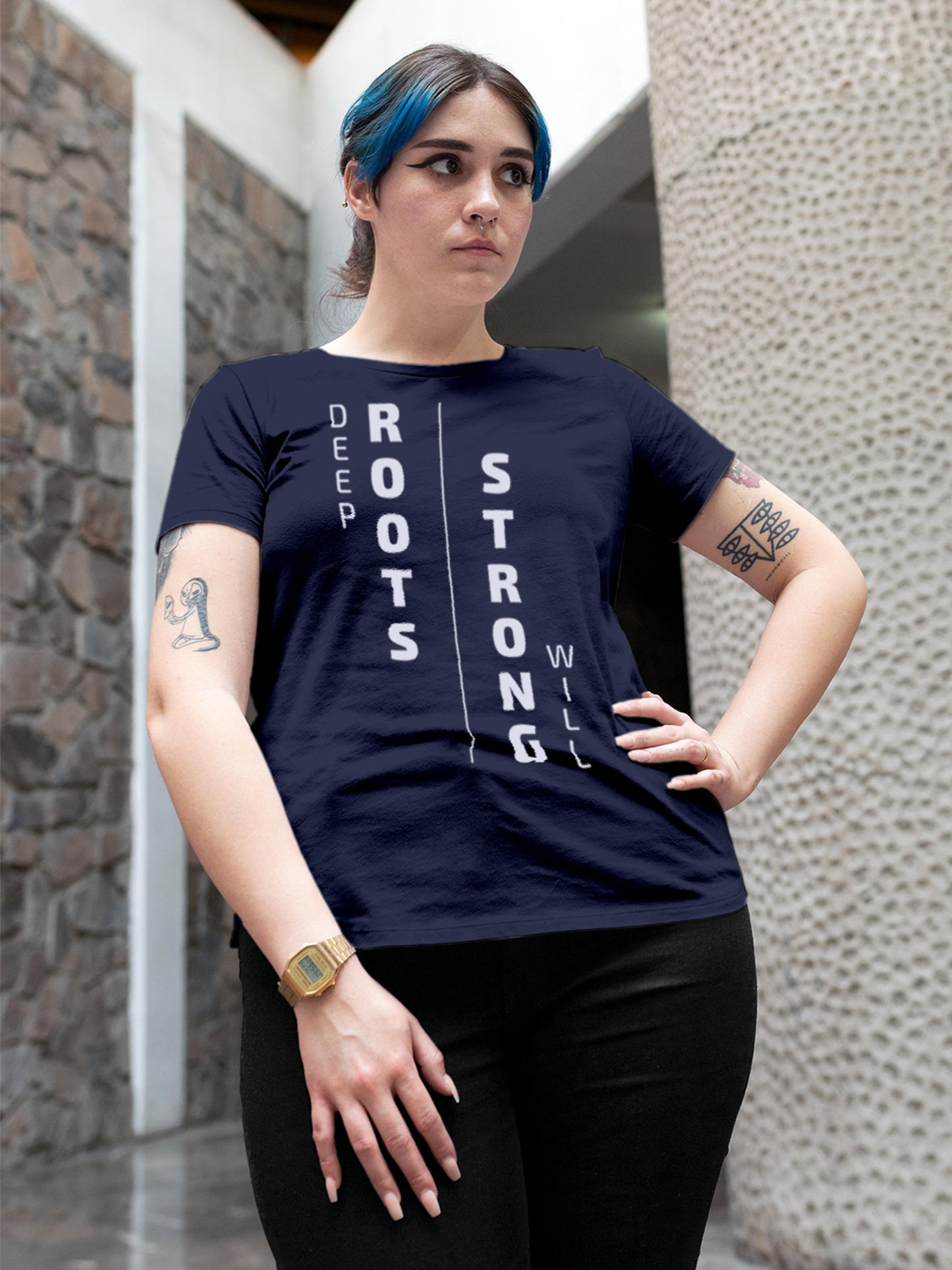 Model wearing Women's Navy Blue Round Neck T-shirt with 'Deep Roots Strong Will' design, offering effortless style and premium comfort