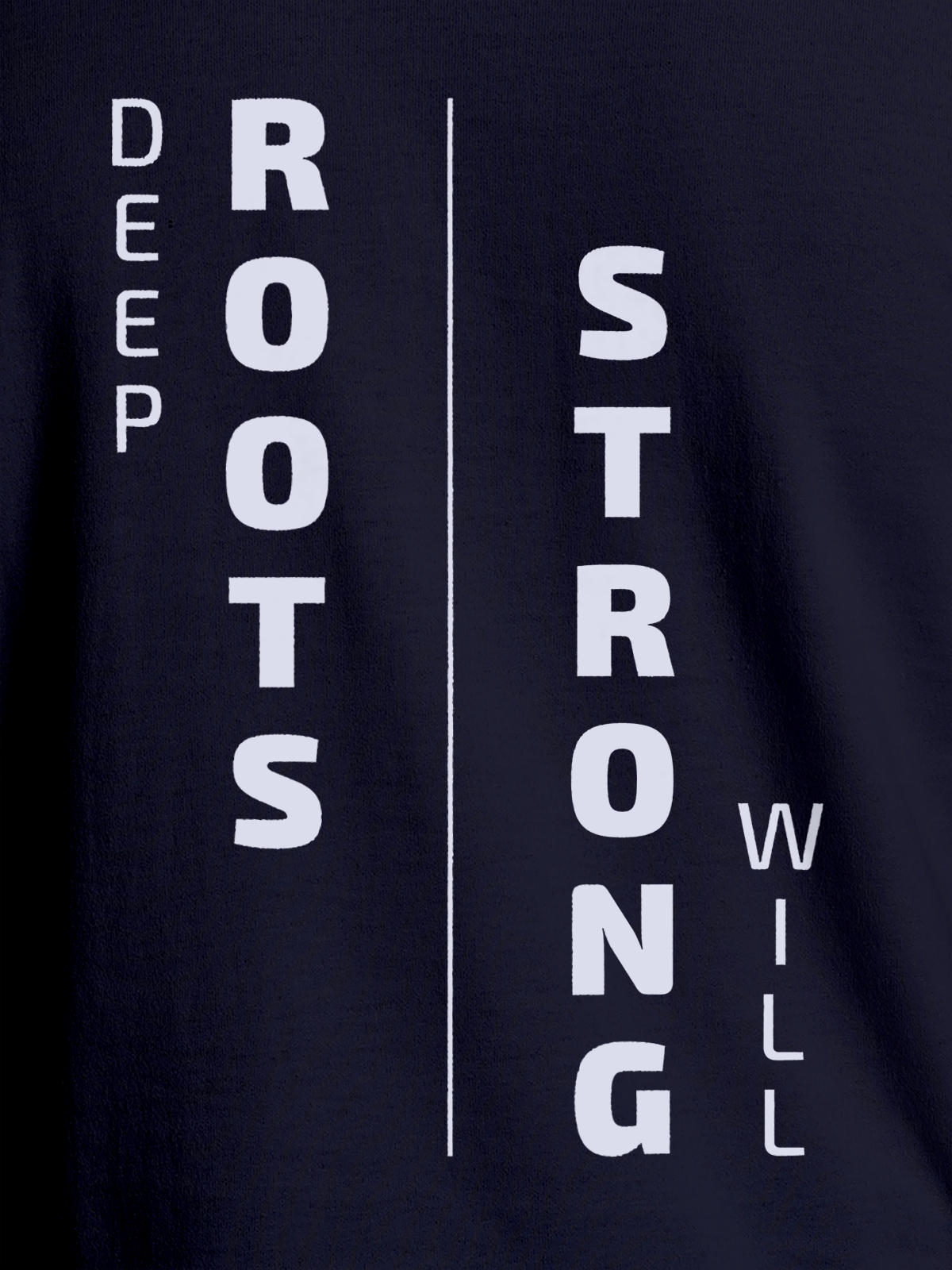 Close up of 'Deep Roots Strong Will' design on Women's Navy Blue Round Neck T-shirt, highlighting intricate details and vibrant print.