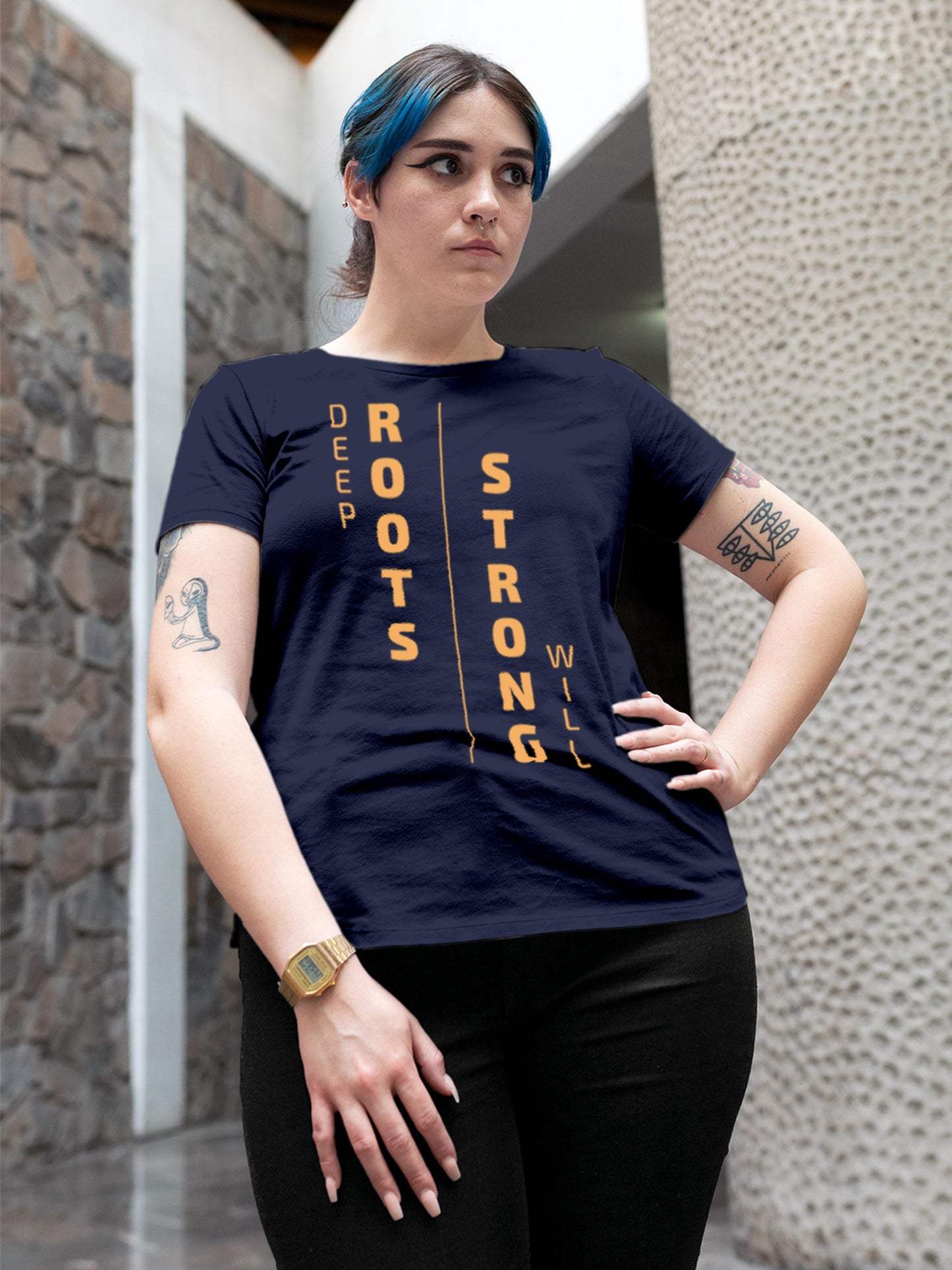 Model wearing Women's Navy Blue Round Neck T-shirt with 'Deep Roots Strong Will' design, offering effortless style and premium comfort