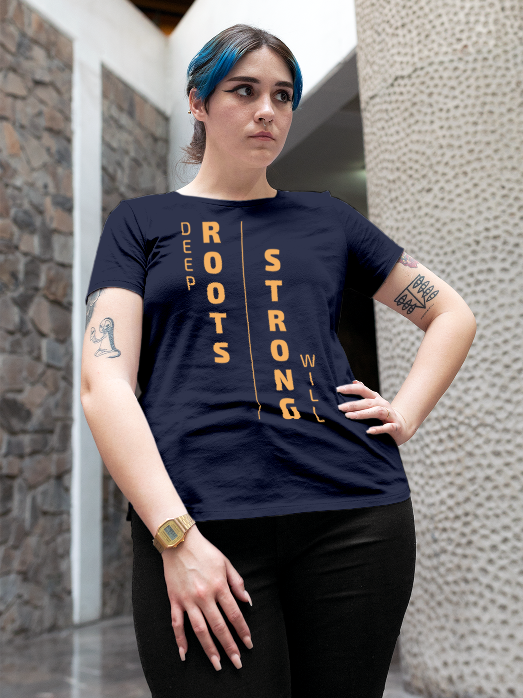 Model wearing Women's Navy Blue Round Neck T-shirt with 'Deep Roots Strong Will' design, offering effortless style and premium comfort