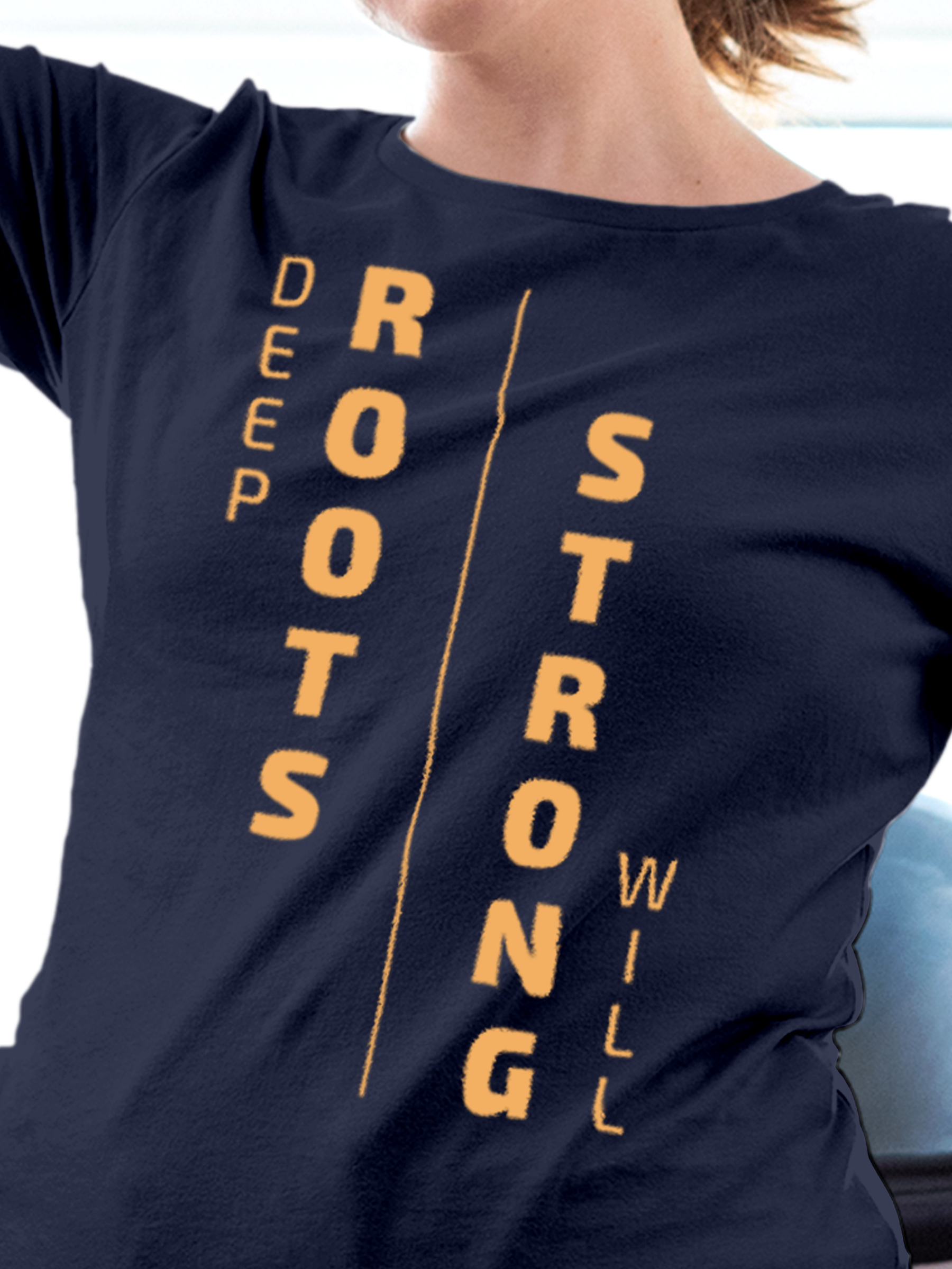 Close up of 'Deep Roots Strong Will' design on Women's Navy Blue Round Neck T-shirt, highlighting intricate details and vibrant print.