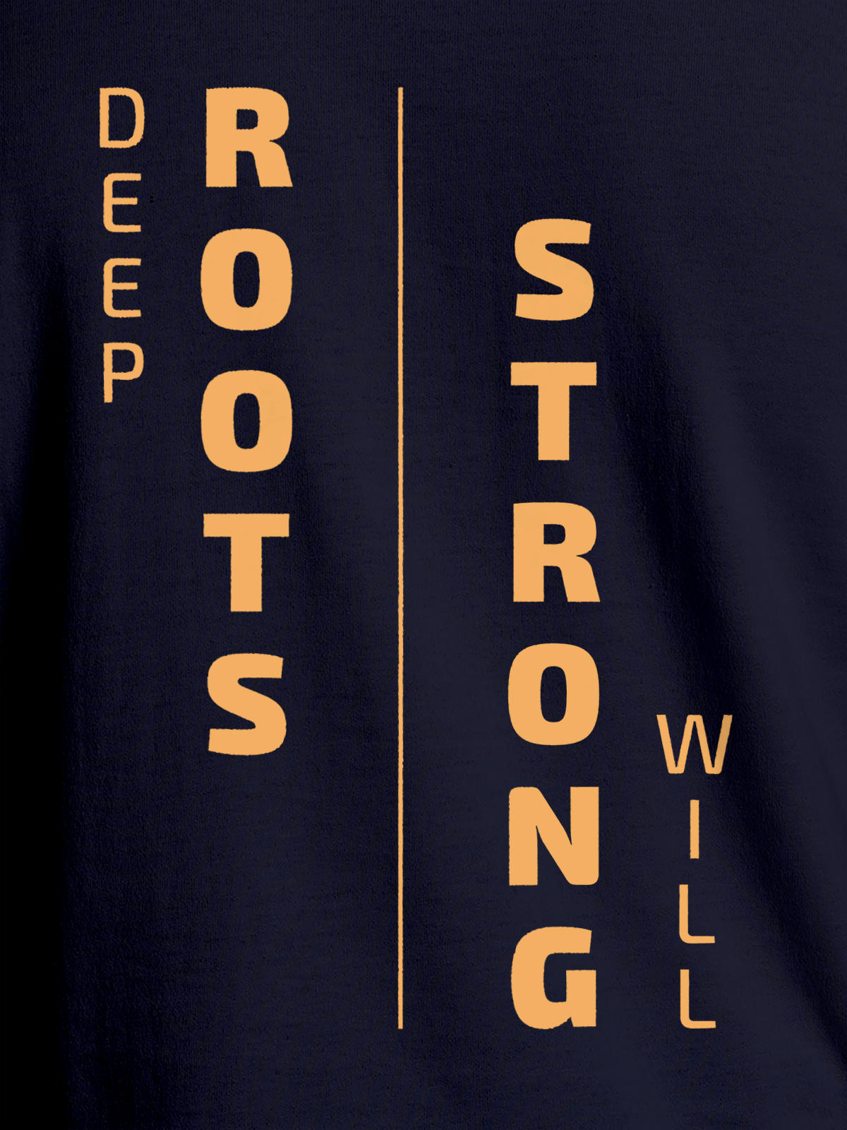 Close up of 'Deep Roots Strong Will' design on Women's Navy Blue Round Neck T-shirt, highlighting intricate details and vibrant print.