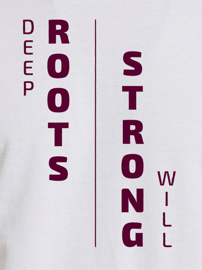 Close up of 'Deep Roots Strong Will' design on Men's White Round Neck T-shirt, highlighting intricate details and vibrant print.