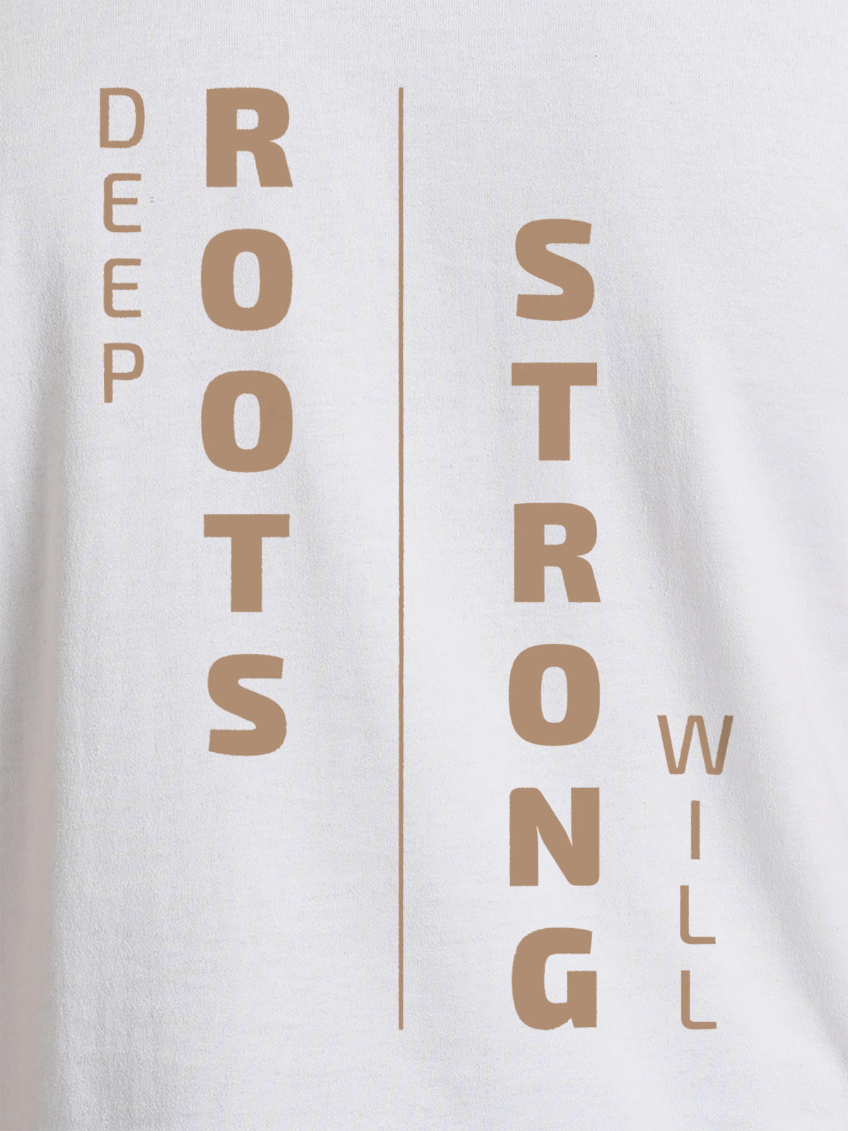 Close up of 'Deep Roots Strong Will' design on Women's White Round Neck T-shirt, highlighting intricate details and vibrant print.