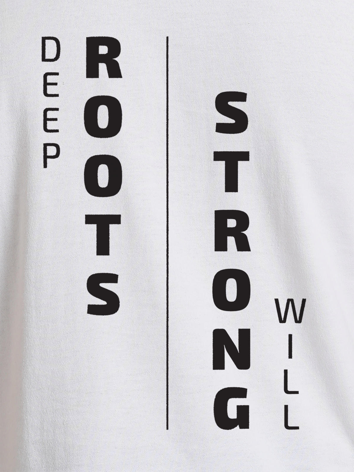 Close up of 'Deep Roots Strong Will' design on Women's White Round Neck T-shirt, highlighting intricate details and vibrant print.