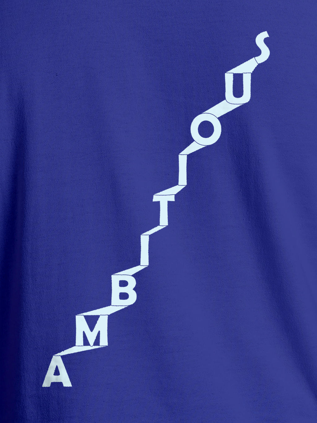 Close up of 'Ambitious' design on Men's Blue Round Neck T-shirt, highlighting intricate details and vibrant print.