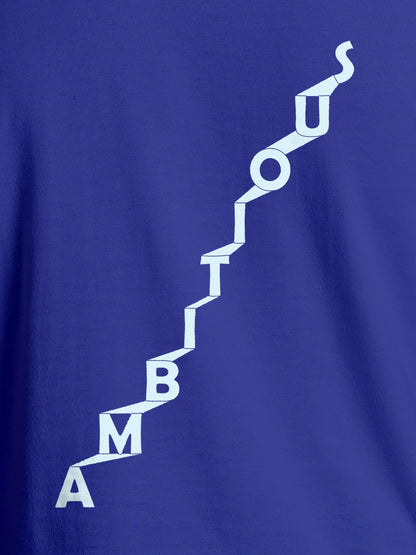 Close up of 'Ambitious' design on Men's Blue Round Neck T-shirt, highlighting intricate details and vibrant print.