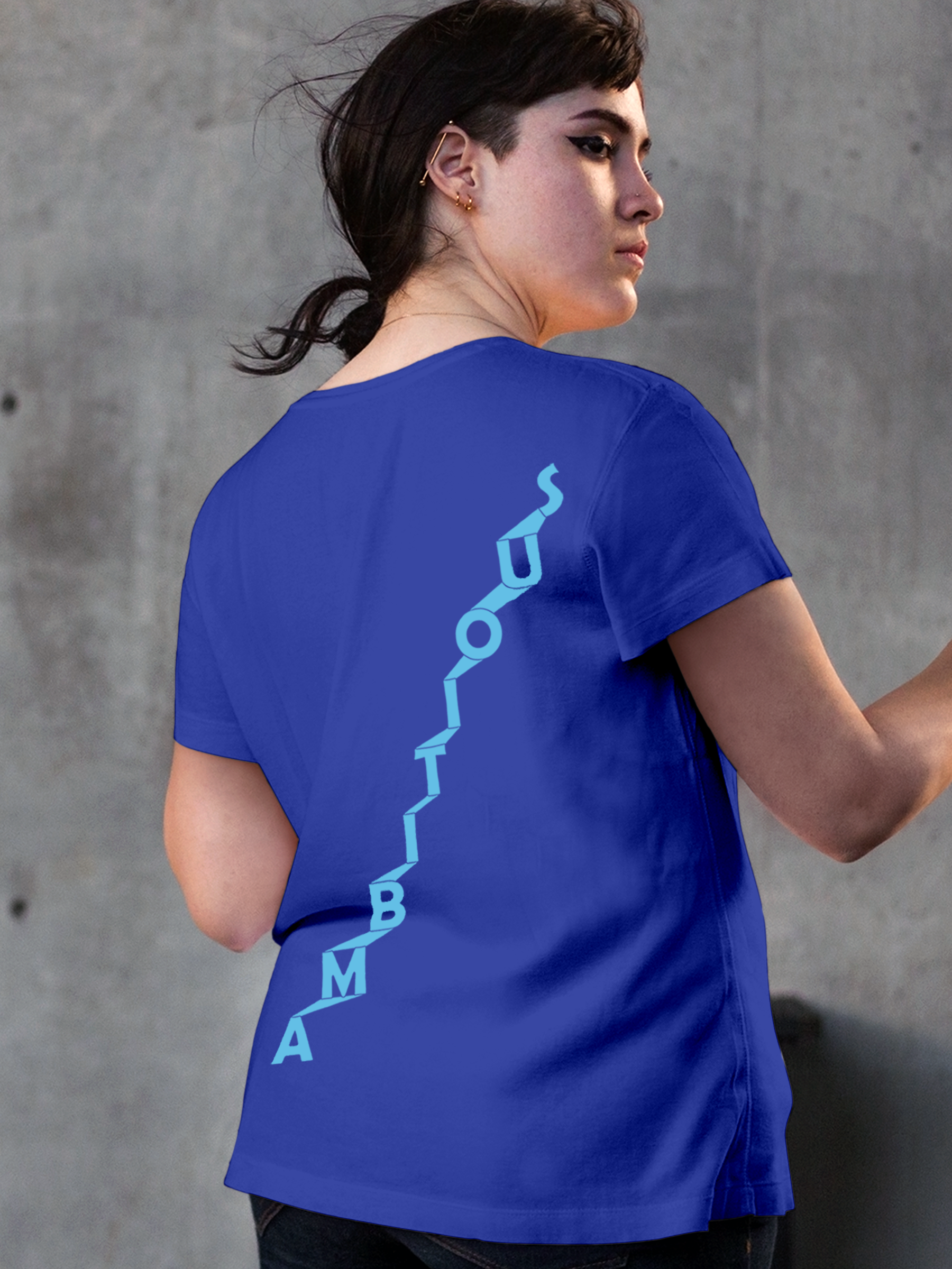 Model wearing Women's Blue Round Neck T-shirt with 'Ambitious' design, offering effortless style and premium comfort