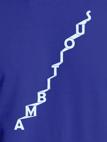 Close up of 'Ambitious' design on Women's Blue Round Neck T-shirt, highlighting intricate details and vibrant print.