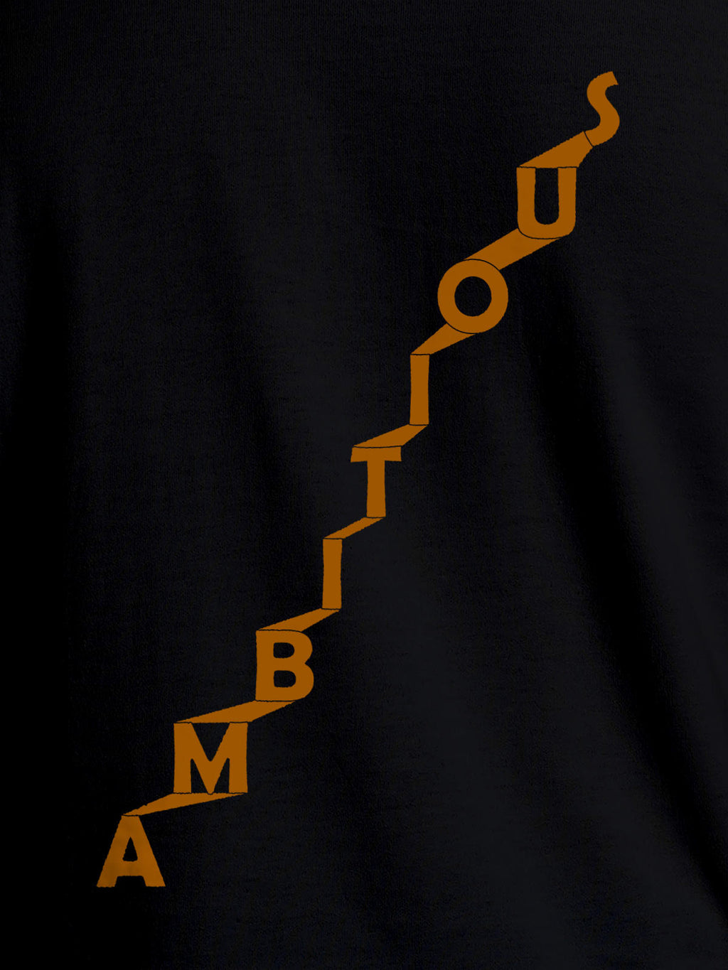 Close up of 'Ambitious' design on Men's Black Round Neck T-shirt, highlighting intricate details and vibrant print.