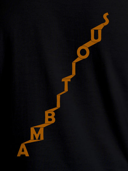 Close up of 'Ambitious' design on Men's Black Round Neck T-shirt, highlighting intricate details and vibrant print.