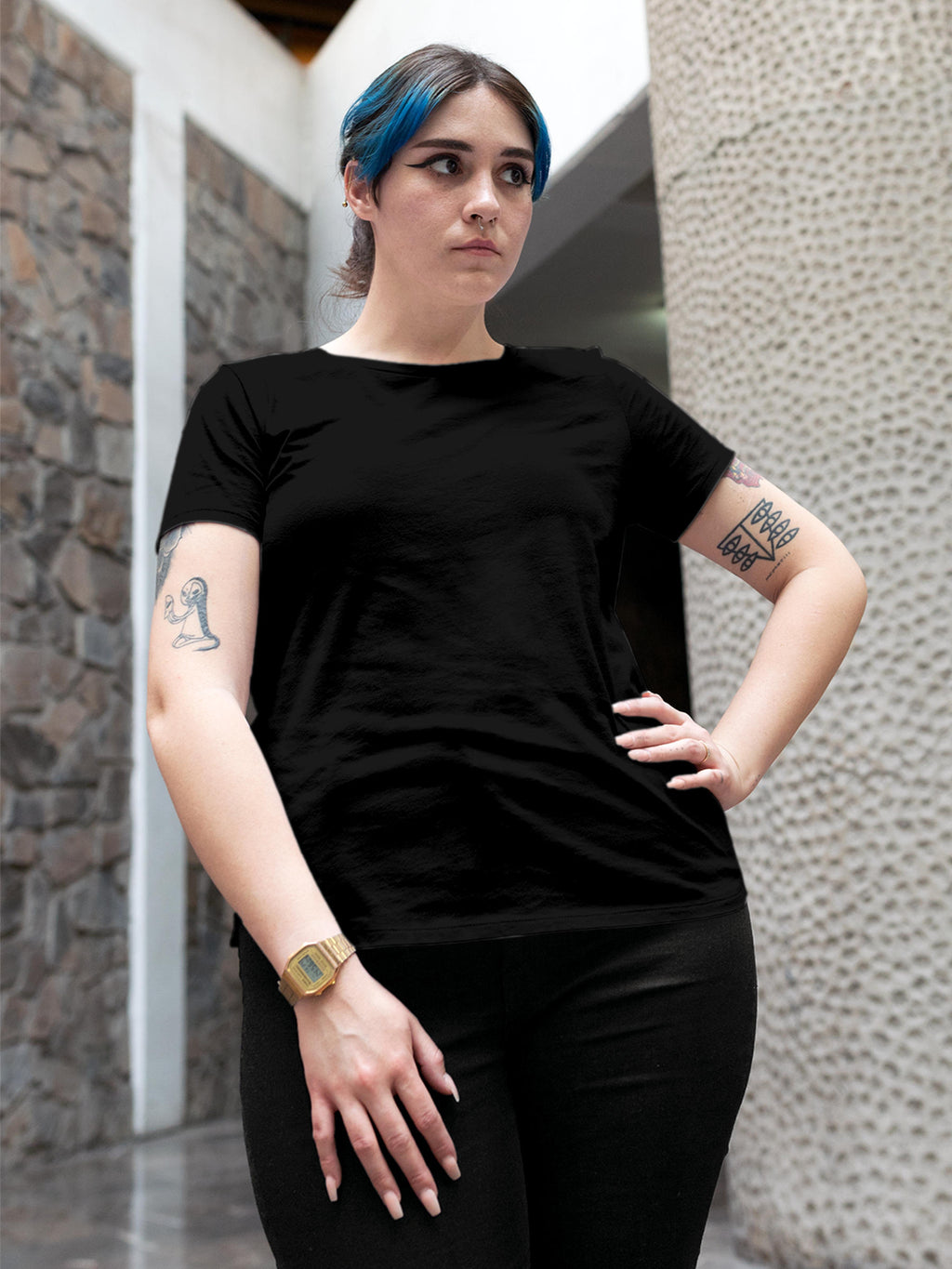 Front view of Fighterhero Women's Black Round Neck T-shirt, highlighting the modern look and clean finish