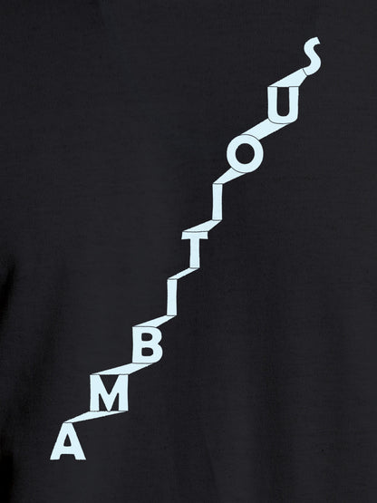 Close up of 'Ambitious' design on Women's Dark Grey Round Neck T-shirt, highlighting intricate details and vibrant print.