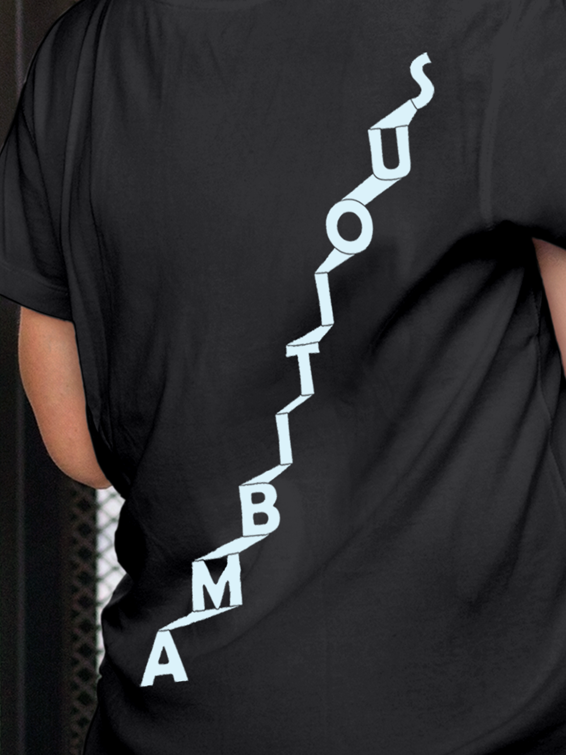Close up of 'Ambitious' design on Women's Dark Grey Round Neck T-shirt, highlighting intricate details and vibrant print.