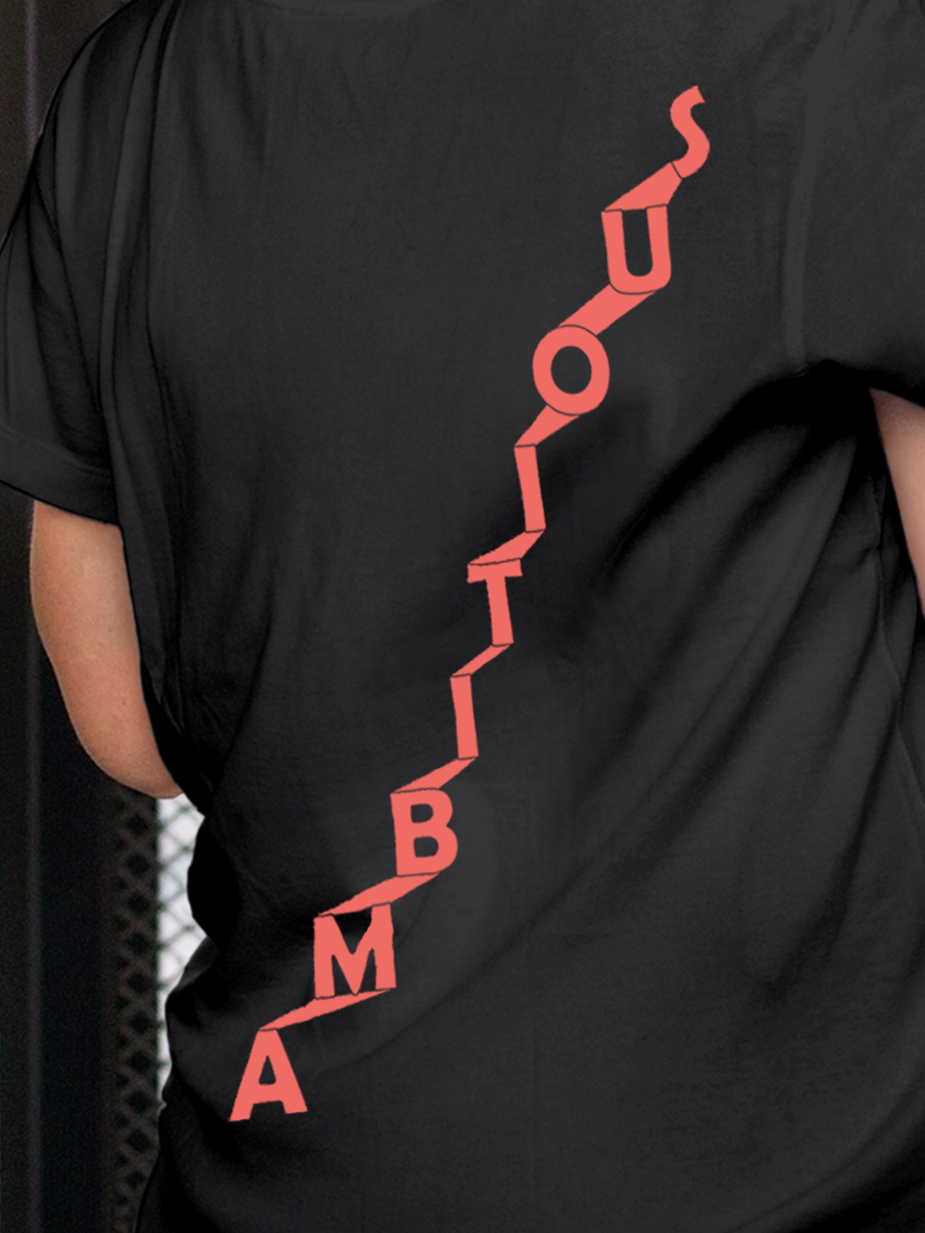 Close up of 'Ambitious' design on Women's Dark Grey Round Neck T-shirt, highlighting intricate details and vibrant print.