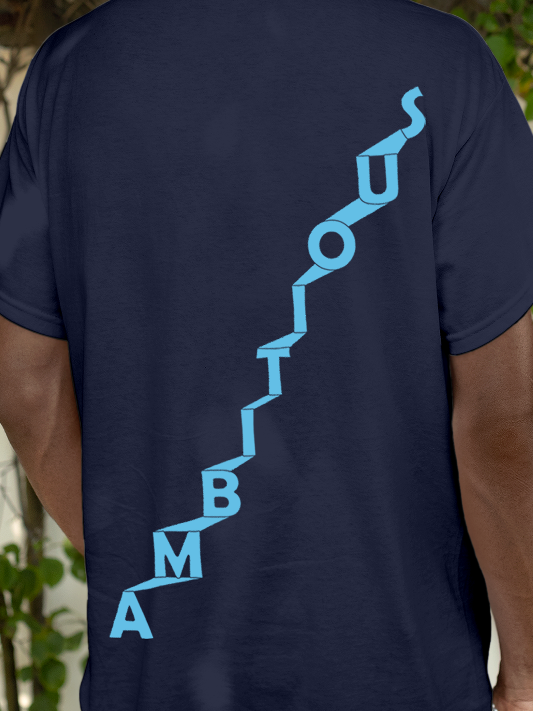 Close up of 'Ambitious' design on Men's Navy Blue Round Neck T-shirt, highlighting intricate details and vibrant print.
