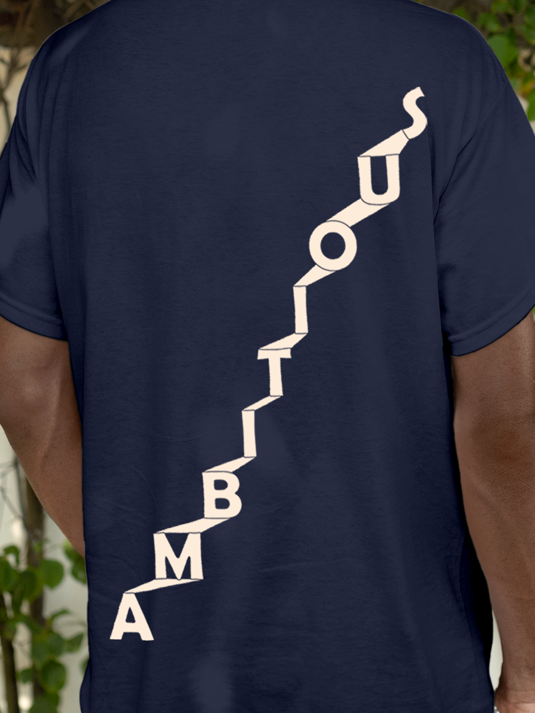 Close up of 'Ambitious' design on Men's Navy Blue Round Neck T-shirt, highlighting intricate details and vibrant print.