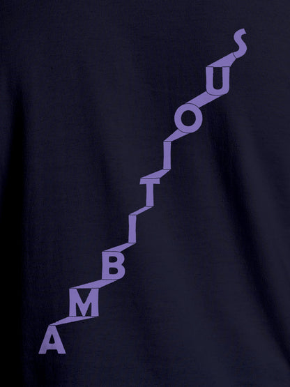 Close up of 'Ambitious' design on Men's Navy Blue Round Neck T-shirt, highlighting intricate details and vibrant print.